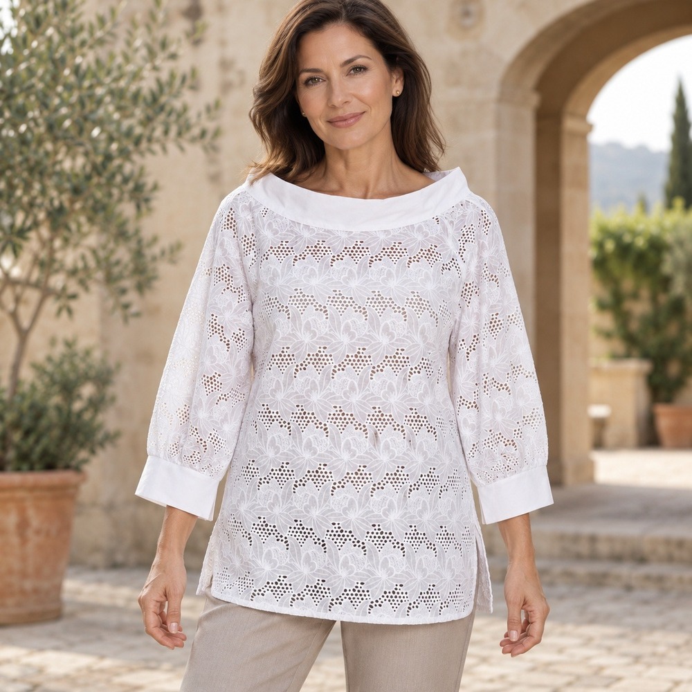 Nara Camicie White Floral Eyelet Lace Tunic Top Italian Boat Neck Size II US 6